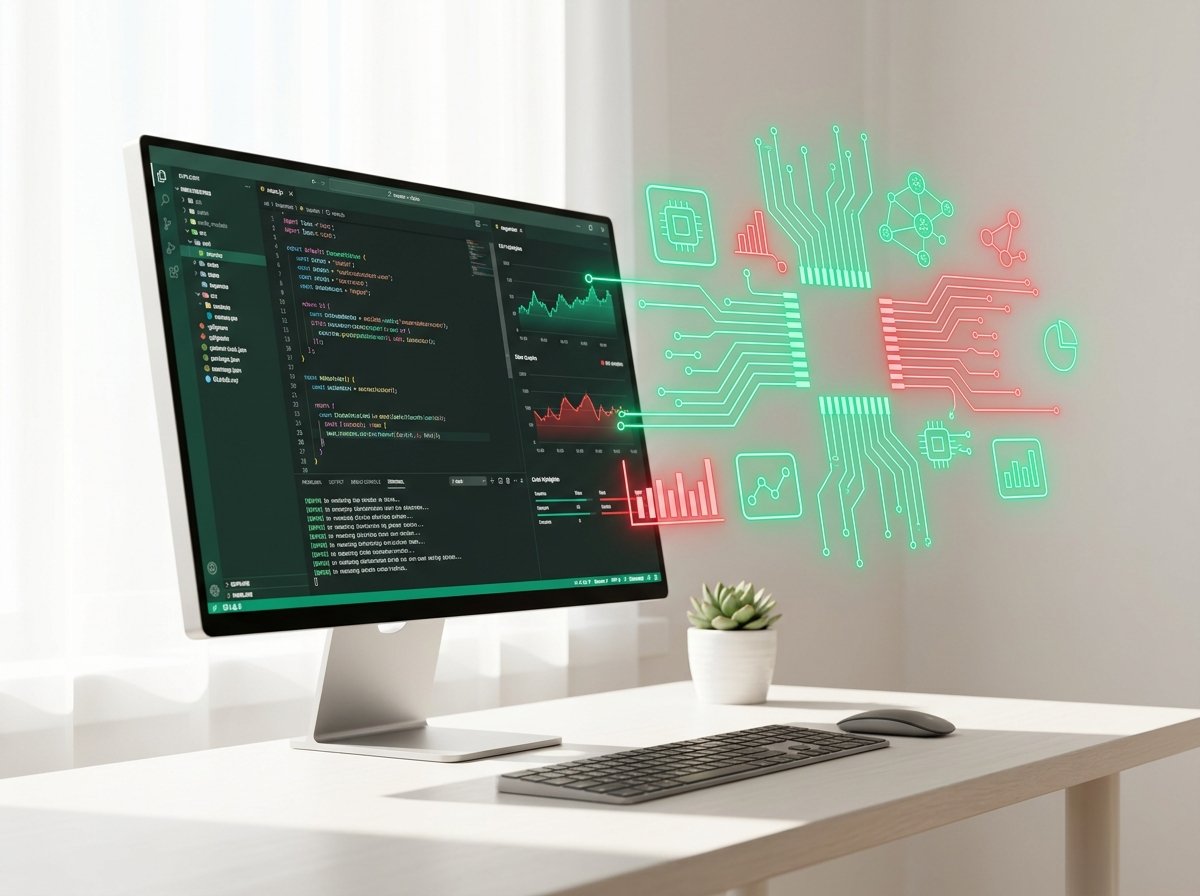A desktop monitor showing a code editor and live dashboard, with connected app and analytics icons